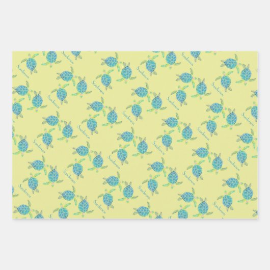 Mit Monogramm Küstenmeer Schildkröte Blaues Grün Geschenkpapier Set (Vorderseite 2)