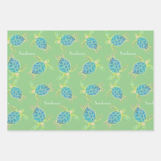 Mit Monogramm Küstenmeer Schildkröte Blaues Grün Geschenkpapier Set (Vorderseite)
