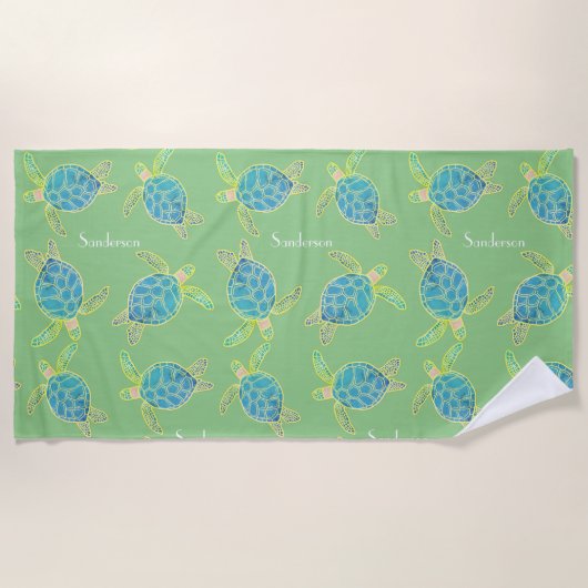 Mit Monogramm Küstenmeer Schildkröte Blaues Grün Strandtuch (Vorderseite)