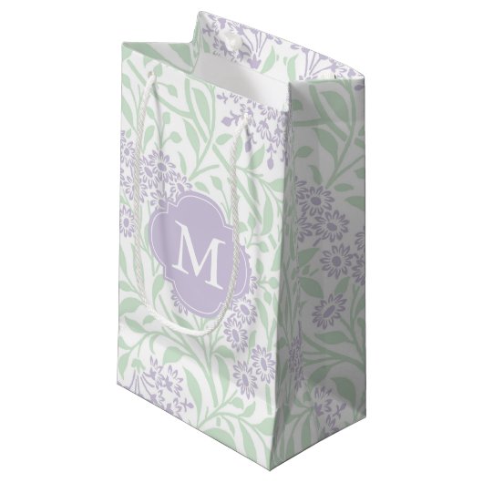 Mit Monogramm Lavendel-Minzen-Blumendamast-Muster Kleine Geschenktüte (Vorderseite Schrägansicht)