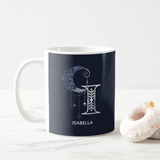 Mit Monogramm Letter I Boho Crescent Moon Mandala Kaffeetasse (Mit Donut)