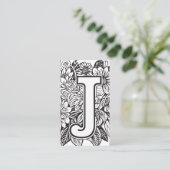 Mit Monogramm Letter J Black and White Floral Blum Visitenkarte (Stehend Vorderseite)