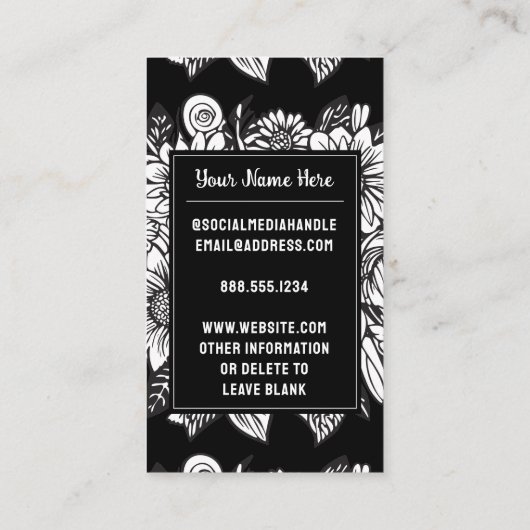 Mit Monogramm Letter J Black and White Floral Blum Visitenkarte (Rückseite)
