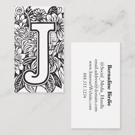 Mit Monogramm Letter J Simple Black and White Flor Visitenkarte (Vorne/Hinten)