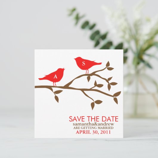 Mit Monogramm Liebesvögel Hochzeit speichern das D Einladung (Stehend Vorderseite)