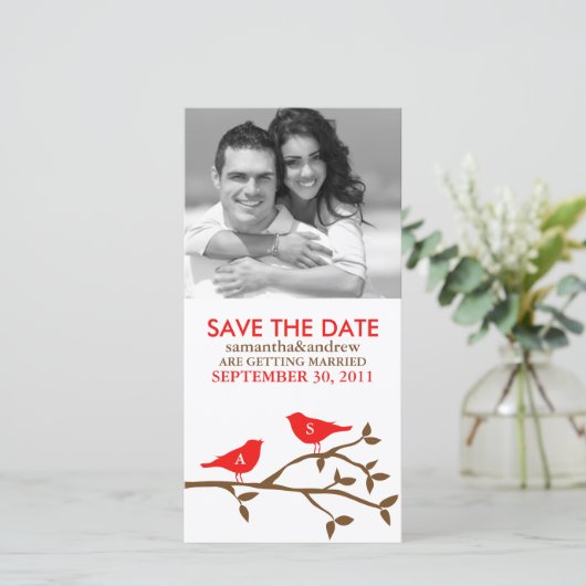 Mit Monogramm Liebesvögel Save the Date (Stehend Vorderseite)