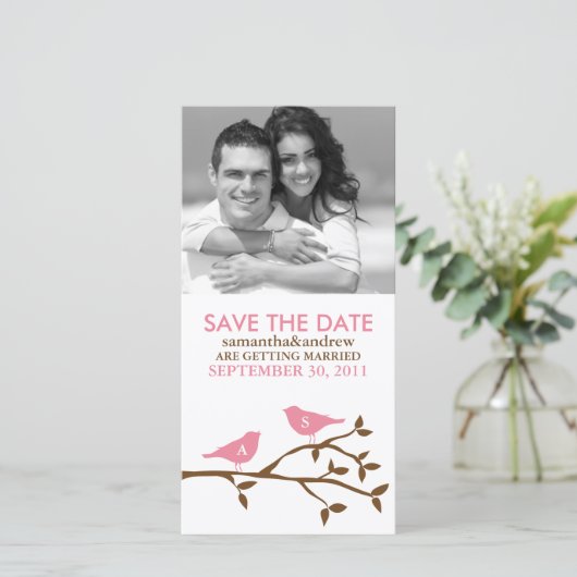 Mit Monogramm Liebesvögel Save the Date Fotokarten (Stehend Vorderseite)