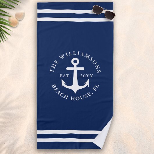 Mit Monogramm Light Navy Blue White Anchor Nautic Strandtuch