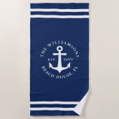 Mit Monogramm Light Navy Blue White Anchor Nautic Strandtuch (Vorderseite)