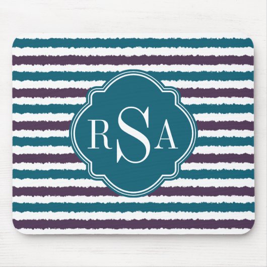 Mit Monogramm Lila Aquamarines Ikat Stripe Muster Mousepad (Vorne)
