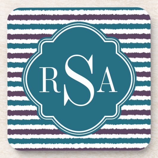 Mit Monogramm Lila Aquamarines Ikat Stripe Muster Untersetzer (Vorderseite)