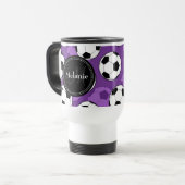 Mit Monogramm Lila Black Soccer Ball-Muster Reisebecher (Vorderseite Links)
