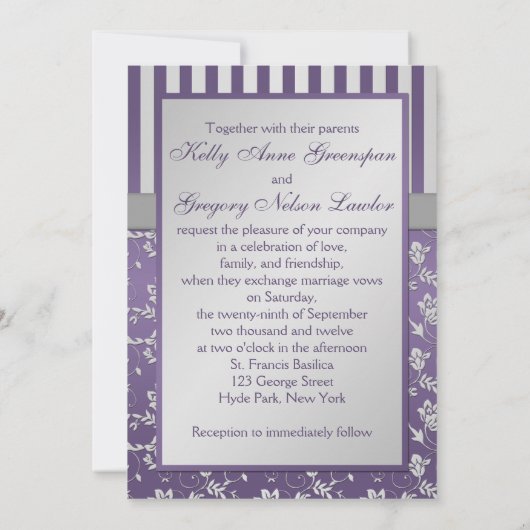 Mit Monogramm Lila, graue, blumengestreift Einladu Einladung (Rückseite)