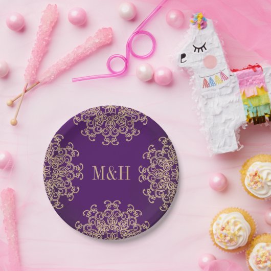 Mit Monogramm Lila und goldene indische Hochzeit Pappteller (Party)