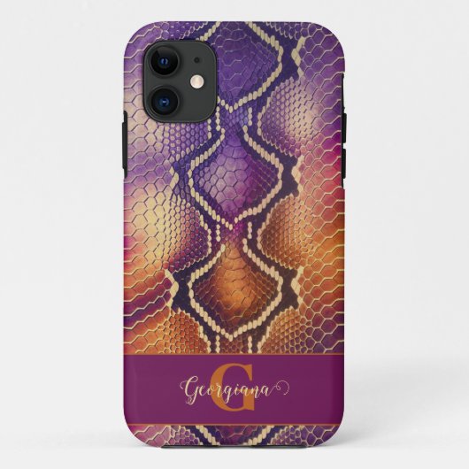Mit Monogramm Lila und goldene Schlangenhaut Case-Mate iPhone Hülle (Rückseite)
