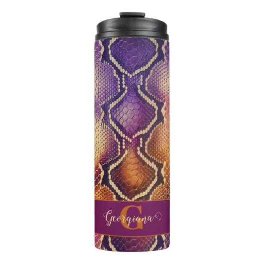 Mit Monogramm Lila und goldene Schlangenhaut Thermosbecher (Vorderseite)