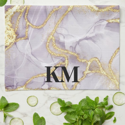 Mit Monogramm lila- und Goldfarben-Marmor Geschirrtuch (Gefaltet)