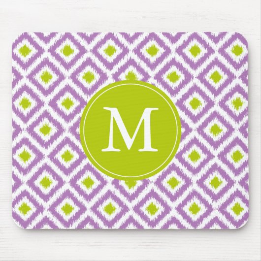 Mit Monogramm Lila und grünes Ikat-Muster Mousepad (Vorne)