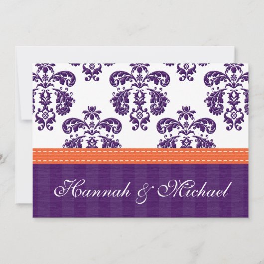 Mit Monogramm Lila und orange Damast Hochzeit Einladung (Rückseite)