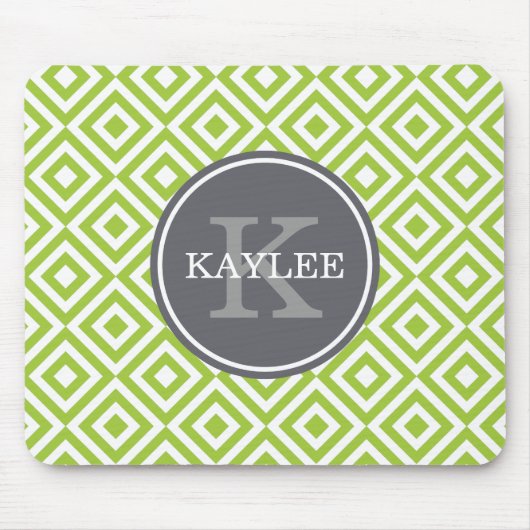 Mit Monogramm Lime Green Geometric Diamond-Muster Mousepad (Vorne)