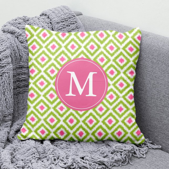 Mit Monogramm Limettengrün Rosa Diamanten Ikat-Mus Kissen (Von Creator hochgeladen)
