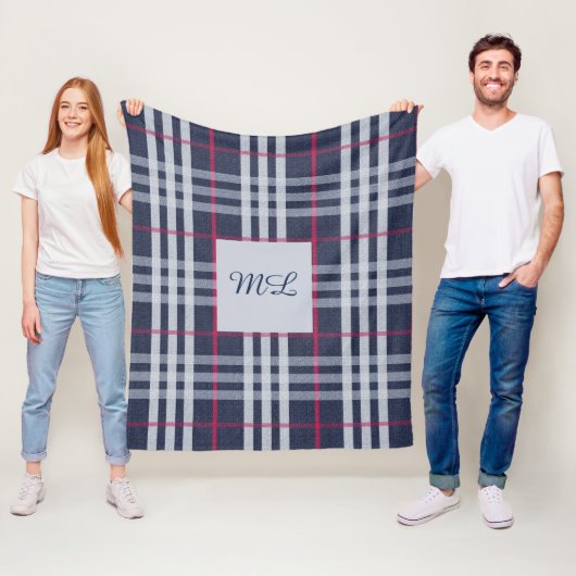 Mit Monogramm London Kariert Checked Navy Blue Fleecedecke (Beispiel)