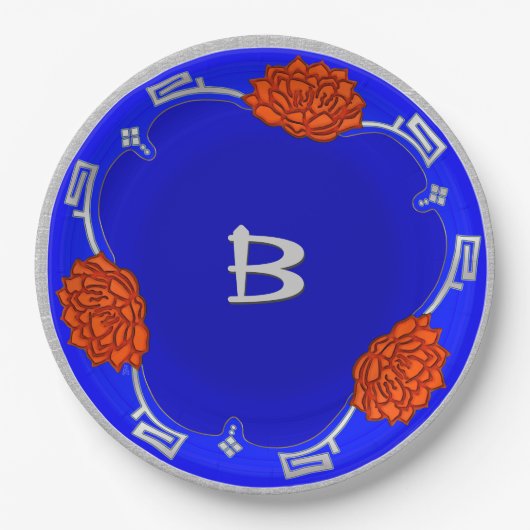 Mit Monogramm Lotus Blossom - Blau, Rot, Silber Pappteller (Vorderseite)