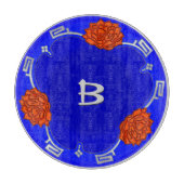 Mit Monogramm Lotus Blossom - Blau, Rot, Silber Schneidebrett (Vorderseite)