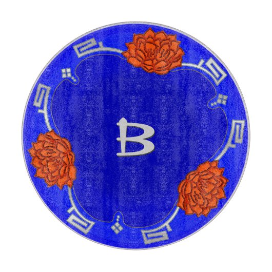Mit Monogramm Lotus Blossom - Blau, Rot, Silber Schneidebrett (Vorderseite)