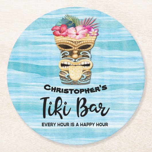 Mit Monogramm Luau Tiki Bar Party Runder Pappuntersetzer (Vorderseite)