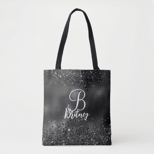 Mit Monogramm Luxus Black Glamour Glitzer Muster Tasche (Vorderseite)