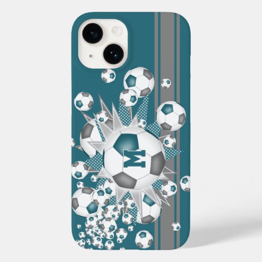 mit Monogramm Mädchenfußballstars aquamarin grau Case-Mate iPhone Hülle (Rückseite)