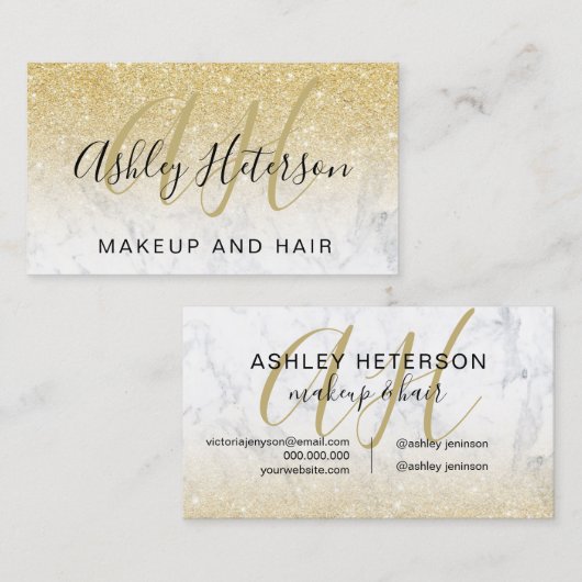 mit Monogramm Marble-Chic-Gold-Glitzer-Skript Visitenkarte (Vorne/Hinten)