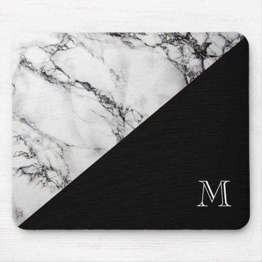 Mit Monogramm Marmorsteintextur Schwarz-Weiß Mousepad (Vorne)