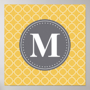Mit Monogramm marokkanisches Gitter in Gelb / Grau Poster