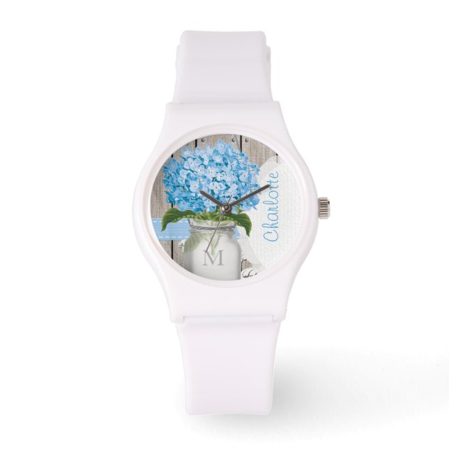 Mit Monogramm Mason Jar Blue Hydrangea Armbanduhr (Vorderseite)