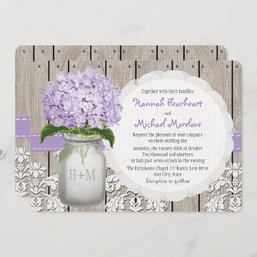 Mit Monogramm Mason Jar Lila Hydrangea Hochzeit Einladung (Vorne/Hinten)