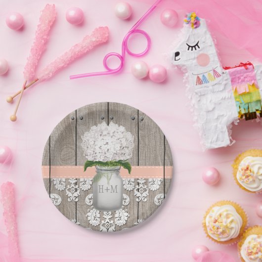 Mit Monogramm Mason Jar Peach Hydrangea Wedding Pappteller (Party)