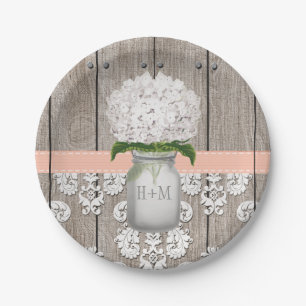 Mit Monogramm Mason Jar Peach Hydrangea Wedding Pappteller