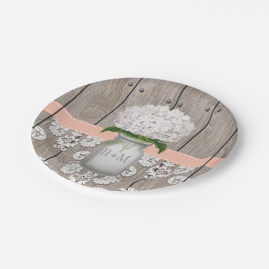 Mit Monogramm Mason Jar Peach Hydrangea Wedding Pappteller (Schrägansicht)