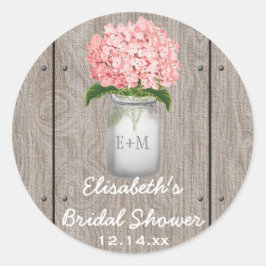 Mit Monogramm Mason Jar Pink Hydrangea Brautparty Runder Aufkleber