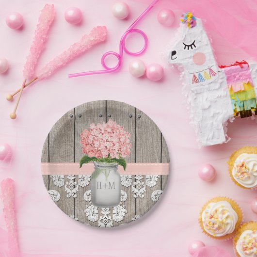 Mit Monogramm Mason Jar Pink Hydrangea Wedding Pappteller (Party)