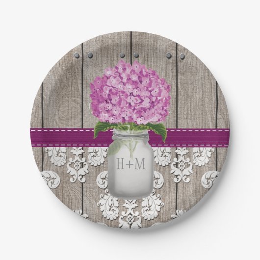 Mit Monogramm Mason Jar Plum Hydrangea Wedding Pappteller (Vorderseite)