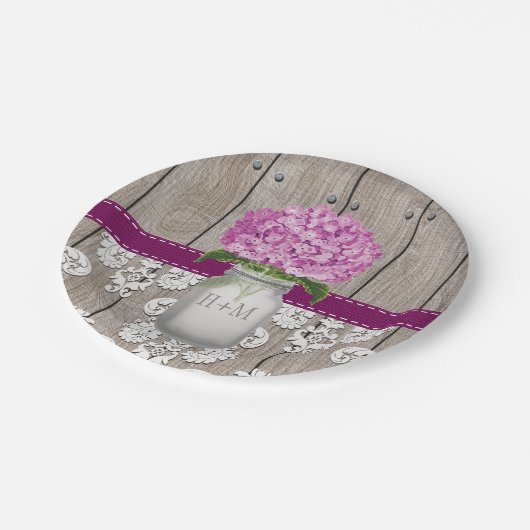 Mit Monogramm Mason Jar Plum Hydrangea Wedding Pappteller (Schrägansicht)