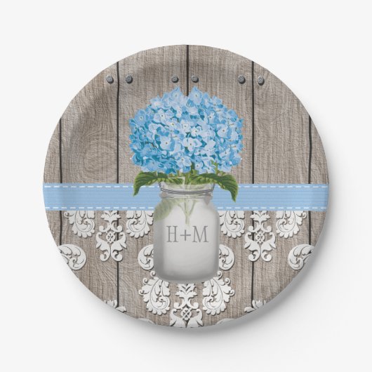Mit Monogramm Maurer-Glasblaue Hydrangea-Hochzeit Pappteller (Vorderseite)