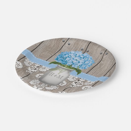 Mit Monogramm Maurer-Glasblaue Hydrangea-Hochzeit Pappteller (Schrägansicht)