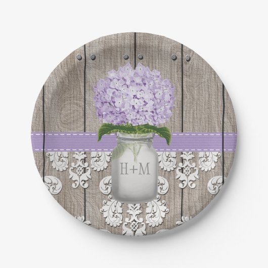 Mit Monogramm Maurer-Glaslila Hydrangea-Hochzeit Pappteller (Vorderseite)