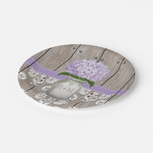 Mit Monogramm Maurer-Glaslila Hydrangea-Hochzeit Pappteller (Schrägansicht)