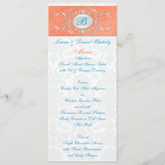 Mit Monogramm Menü aus Korallen, Aqua und Gray Dam Menükarte (Vorderseite)
