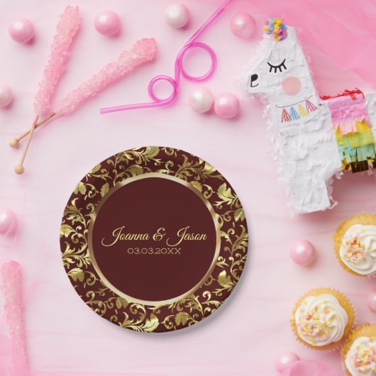 Mit Monogramm MetallgoldDamast und brauner Kreis Pappteller (Party)